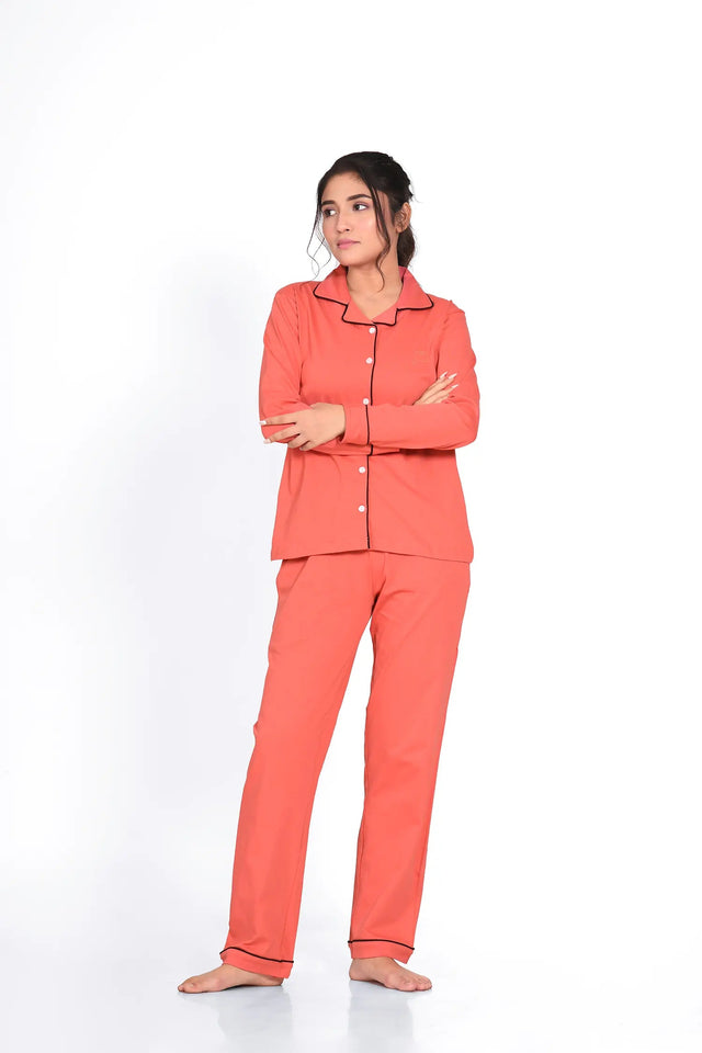 Coral Orange Full Sleeve Nightsuit Set