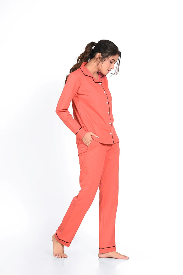 Coral Orange Full Sleeve Nightsuit Set
