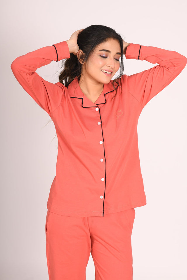 Coral Orange Full Sleeve Nightsuit Set
