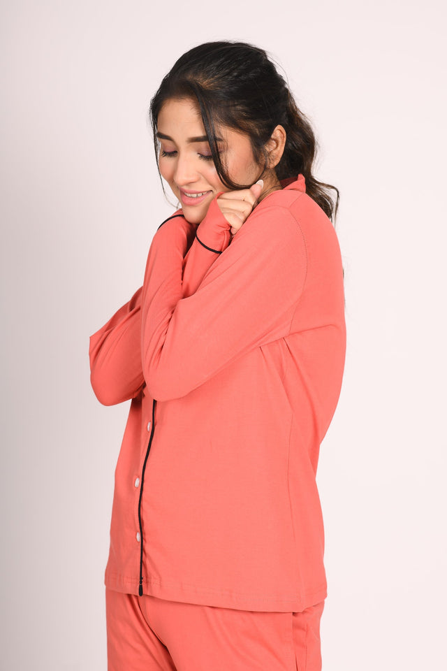 Coral Orange Full Sleeve Nightsuit Set
