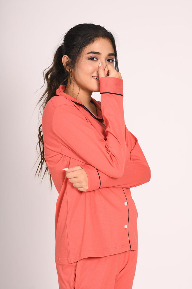 Coral Orange Full Sleeve Nightsuit Set