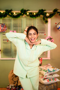 Cozy Winter Fleece Nightsuit Set – Misty Mint