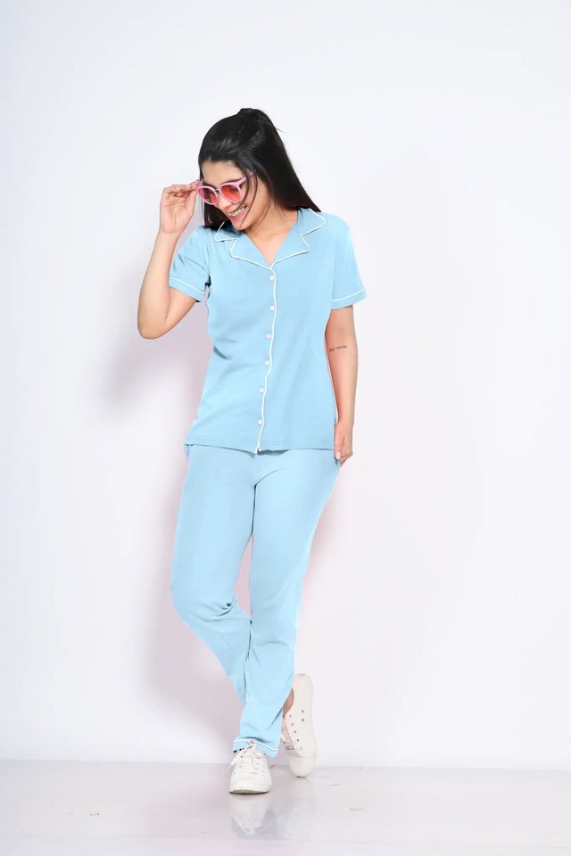 Sky Blue Solid Pyjama Set