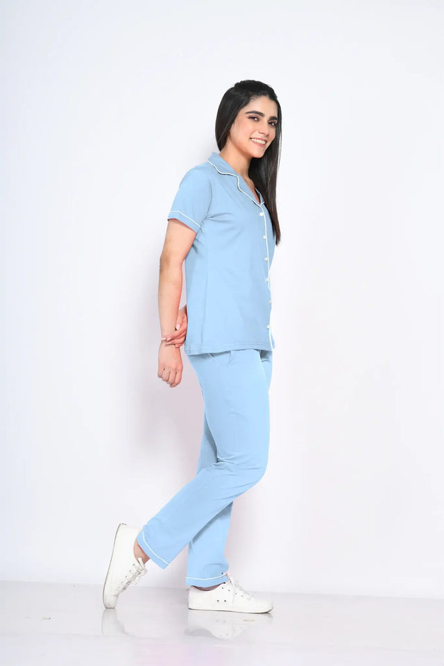 Sky Blue Solid Pyjama Set