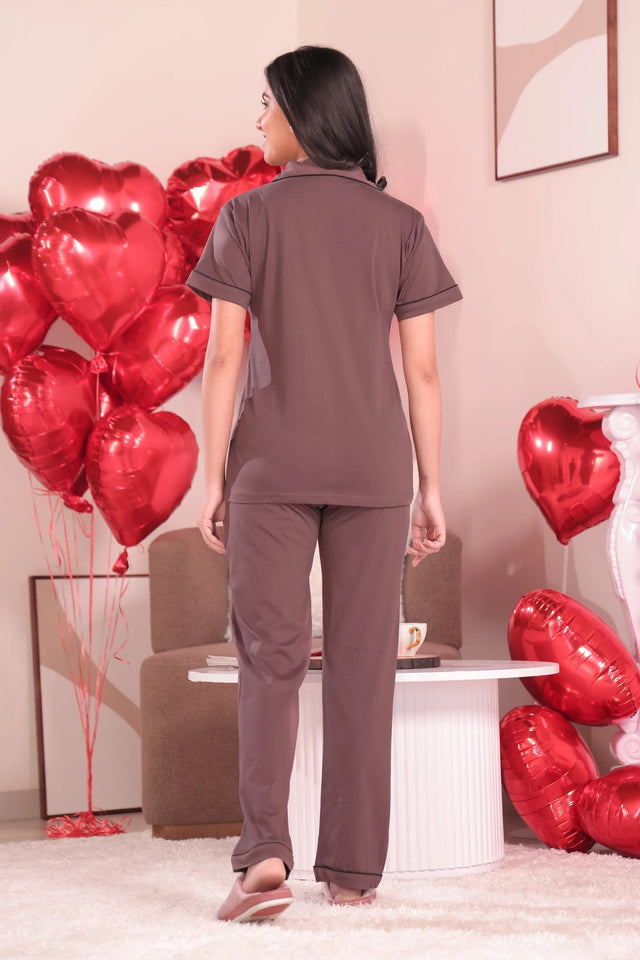 Taupe Brown Solid Pyjama Set