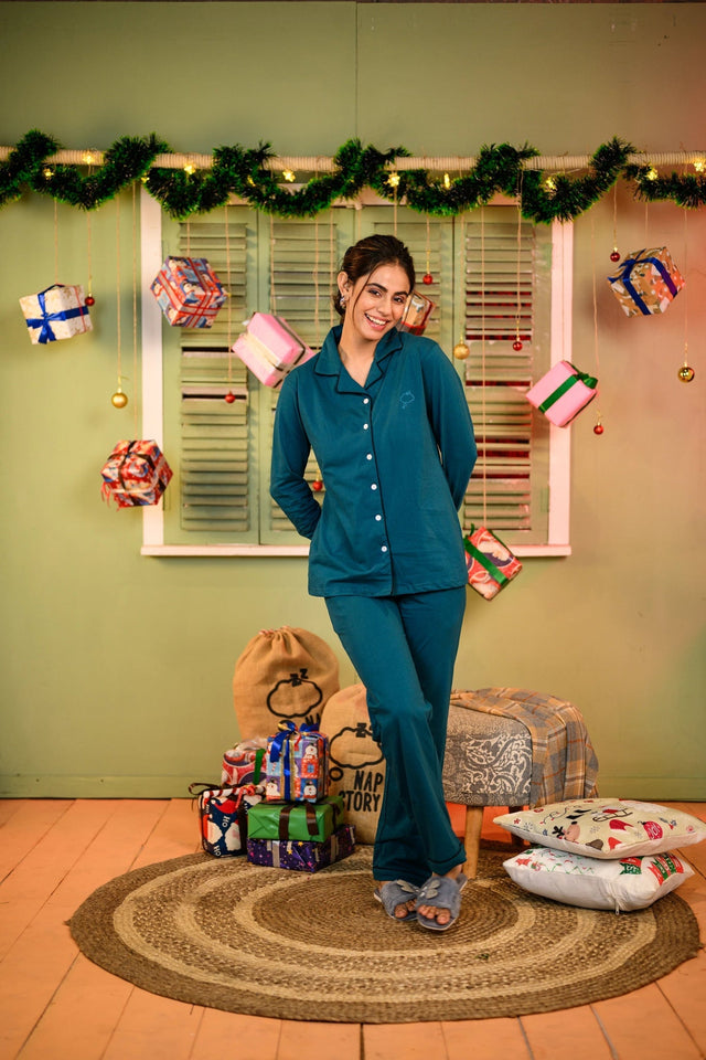 Teal Blue Full Sleeve Nightsuit Set