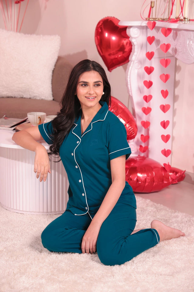 Teal Blue Solid Pyjama Set