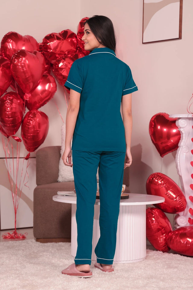 Teal Blue Solid Pyjama Set