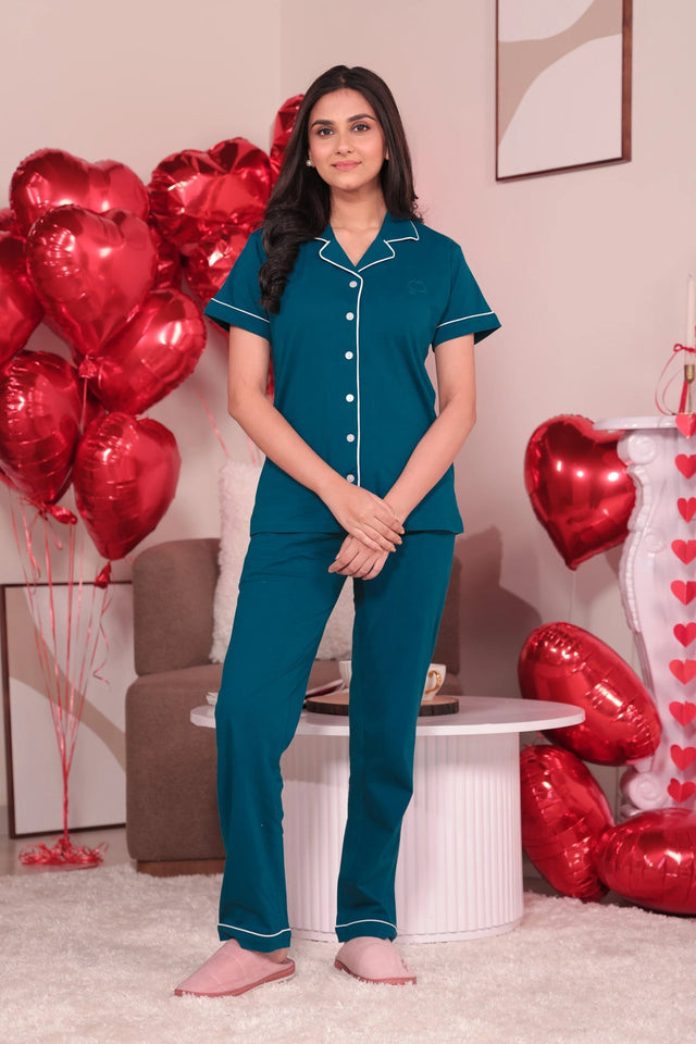 Teal Blue Solid Pyjama Set